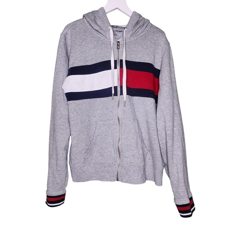 Tommy Hilfiger Sport Grey Zip-Up Hoodie Sweatshirt Pocket Casual Athletic XL